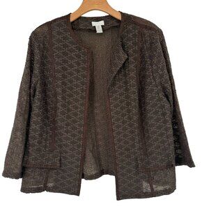 Chicos 2 Womens Brown Open Front jacket Size large Cotton embroidered crinkle